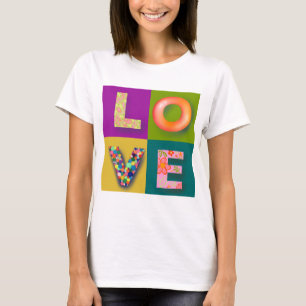 Camiseta AMOR: cores vibrantes com palavras de 4 l