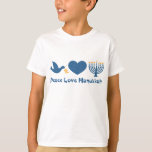 Camiseta Amor da paz Hanukkah (h)<br><div class="desc">Festival do design de Hanukkah das luzes que diz o AMOR HANUKKAH da PAZ com uma pomba e um ramo de oliveira,  coração e menorah iluminado. Original de PinkInkArt!</div>