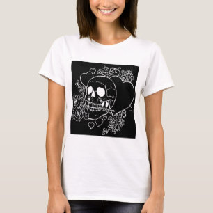 Camiseta Amor do crânio - crânios, rosas e corações pel
