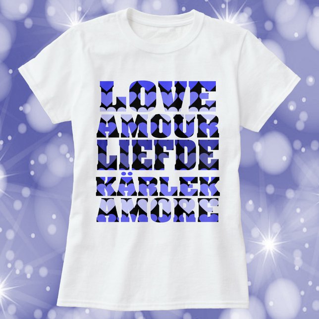 Camiseta Amor em muitas línguas Corações Azul (A tshirt that says love in a variety of languages with blue hearts)