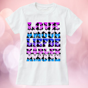 Camiseta Amor em muitas línguas Corações Rosa Púrpura Preto