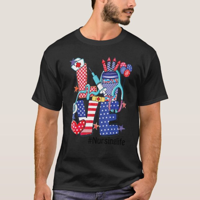 Camiseta Amor Enfermando Vida Stethoscope Fireworks Usa Fla (Frente)