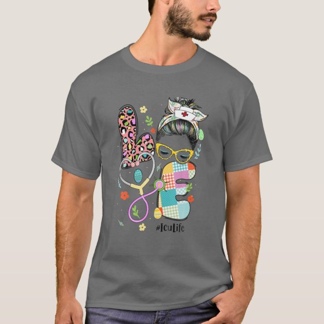 Camiseta AMOR enfermeiro da ICU Páscoa de vida Leopard Mess (Frente)