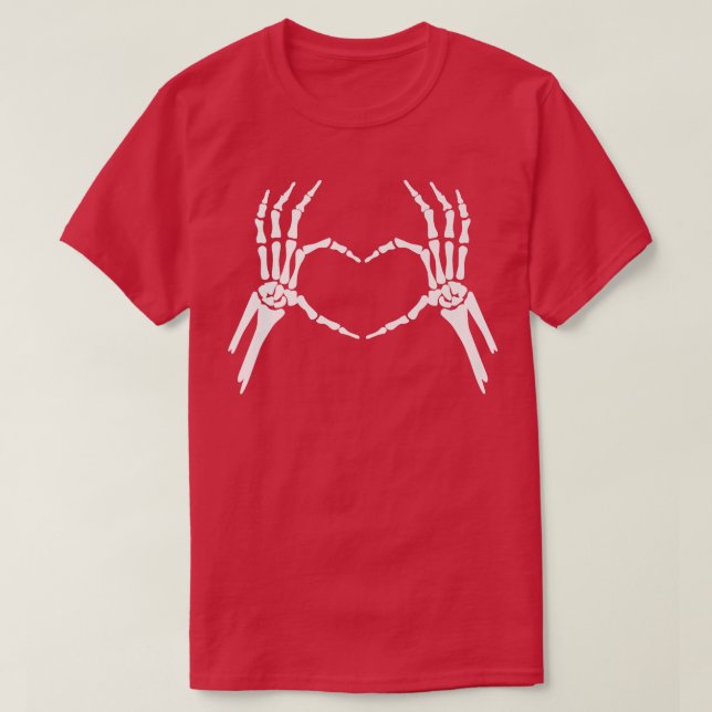Camiseta Amor Esqueleto Mãos Coração Engraçado  (Frente do Design)