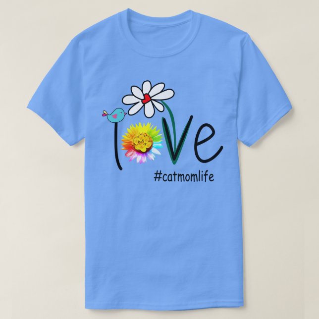 Camiseta Amor Flores de Pássaros Cat Mãe Vida (Frente do Design)