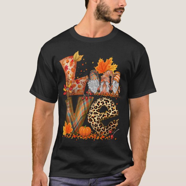 Camiseta AMOR Gnomo Cai na Pumpkin Ação de Graças (Frente)