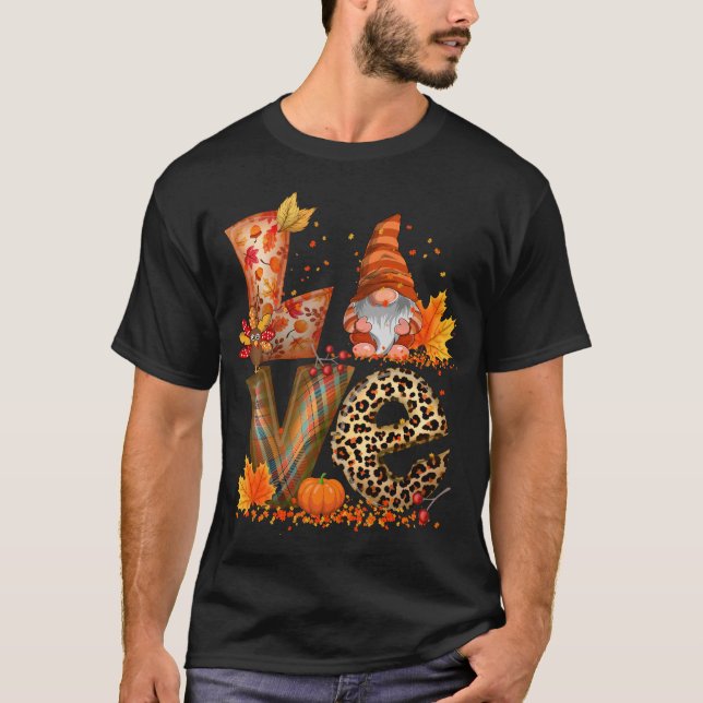 Camiseta AMOR Gnomo Cai na Pumpkin Ação de Graças (Frente)