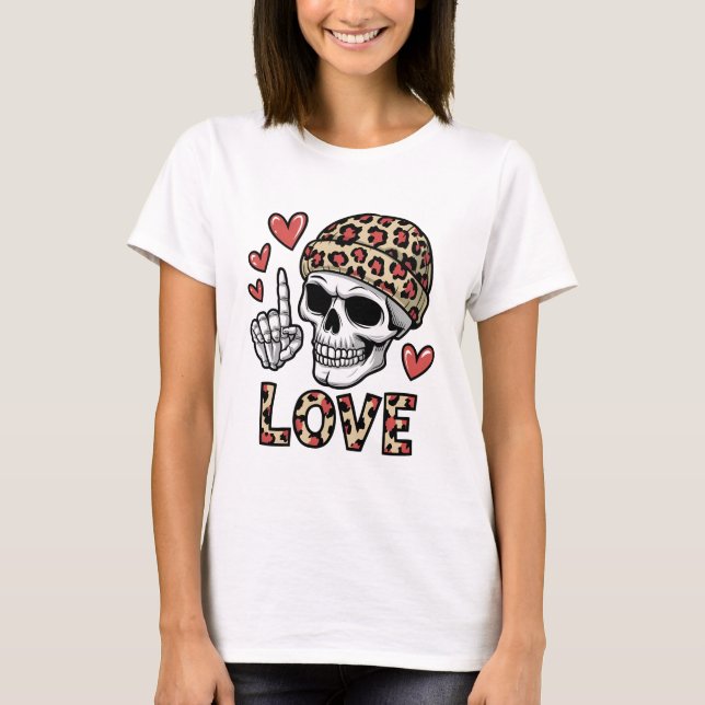 Camiseta Amor Gótico - Crânio com Leopard Print Beanie (Frente)