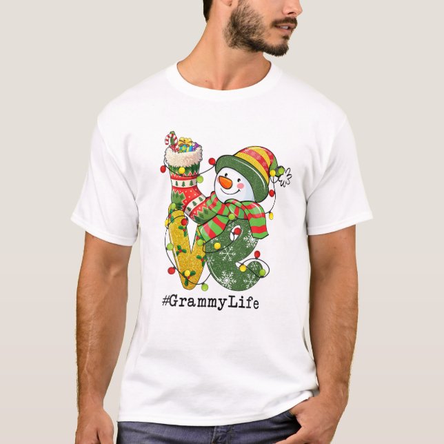 Camiseta Amor Grammy Life Snowman Luzes de Natal Pajama W (Frente)