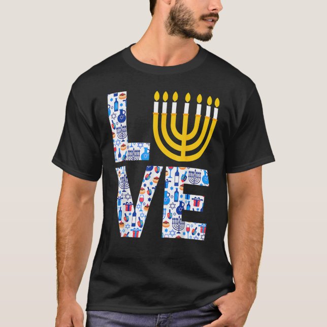 Camiseta Amor Hanukkah Menorah Pajama Judeu Para Homens Mul (Frente)