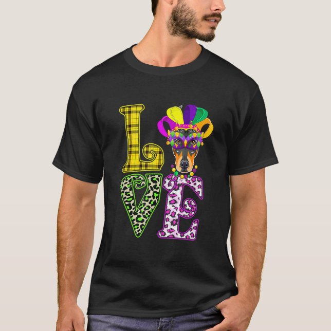 Camiseta Amor Mardi Gras Doberman Pai Cachorro Mãe (Frente)