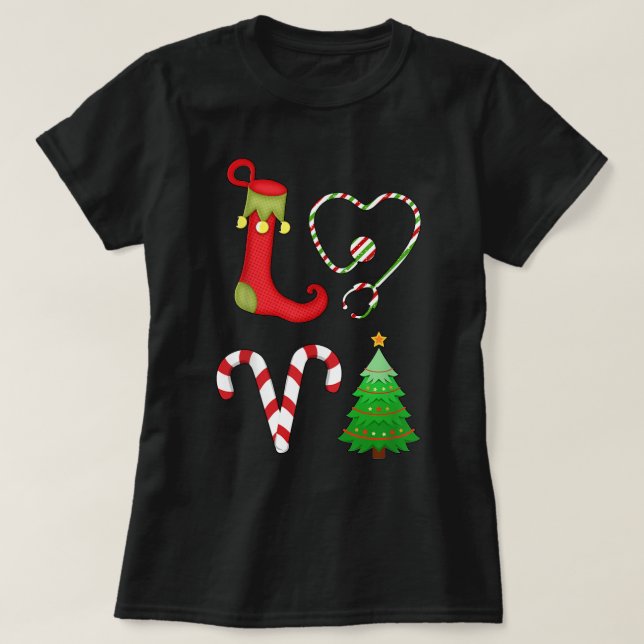 Camiseta Amor Natal Stethoscope Enfermeira Tree ELF Candy X (Frente do Design)