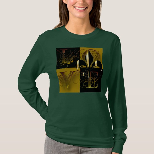 Camiseta Amor ouro negro, Fleur de Lis, texto personalizáve (Frente)