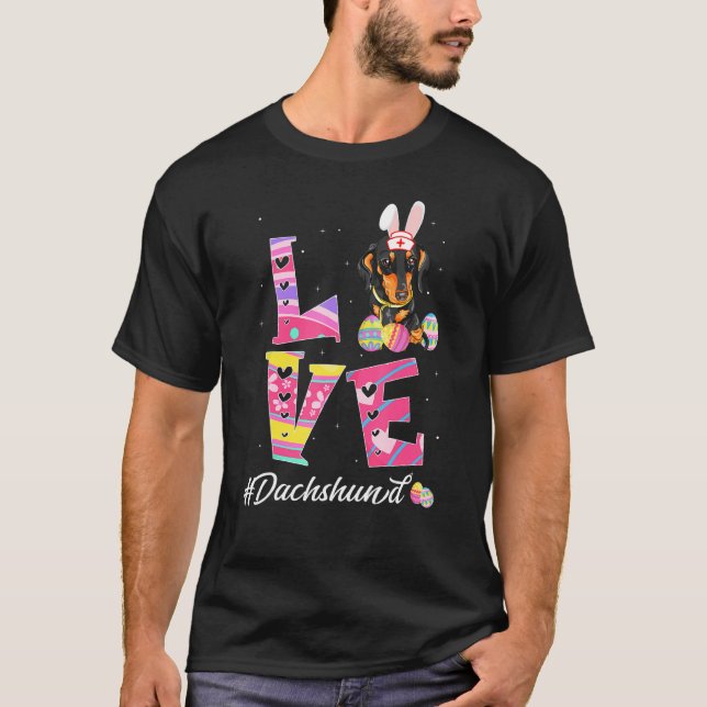 Camiseta Amor Páscoa Dachshund Bunny Ears Dog (Frente)