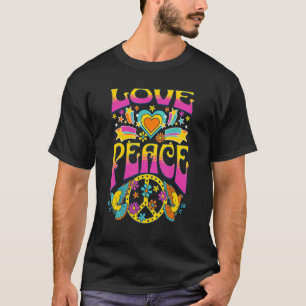 CAMISETA AMOR PAZ 60S 70S RETRO FLORES COLORIDAS CORAÇÃO