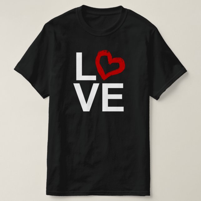 Camiseta AMOR, preto e branco com coração vermelho esboçado (Frente do Design)