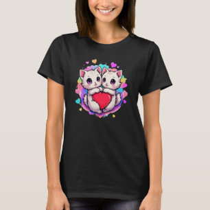 Camiseta Amor Puro: Gatos Casais de Kawaii com Coração