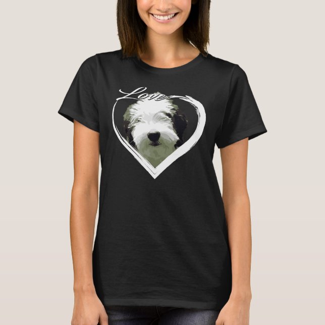 Camiseta Amor Sheepadoodle Antigo Inglês Sheepdog Poodle Lo (Frente)