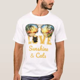 Camiseta AMOR Sol e Gatos   Verão de Gato Negro Tropical