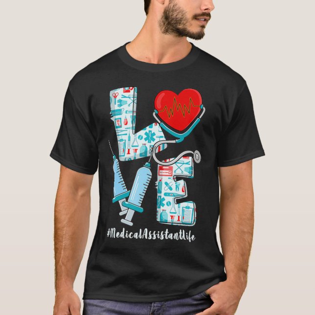 Camiseta AMOR Stethoscope Assistente Médico Enfermagem Ele (Frente)