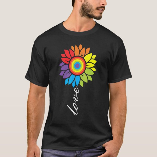 Camiseta Amor Sunflower Floral Rainbow LGBTQ Ally Orgulho g (Frente)