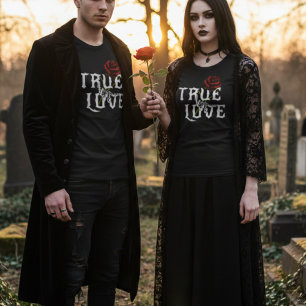 Camiseta Amor verdadeiro Ossos do crânio e Flor Vermelho
