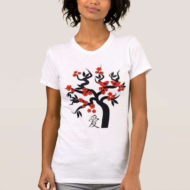 Camiseta Amor Vermelho Pássaros No Símbolo De Amor Chinês D (Frente)