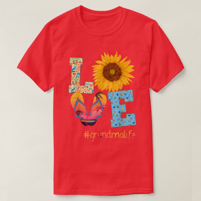 Camiseta AMOR Vovó Vida Chinelos de Dedo Girassol Verão Mar (Frente do Design)