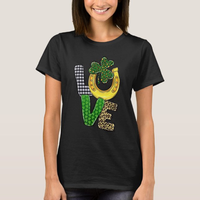 Camiseta Amor Xadrez Leopardo Shamrock C Sapatos de Cavalo  (Frente)
