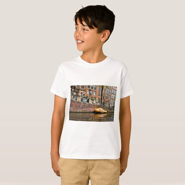 Camiseta Amsterdã, Canal, Barco de Sapato de Madeira (Frente Completa)