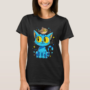Camiseta Amuleto de Amizade de Gato Azul Brilhante e Coruja