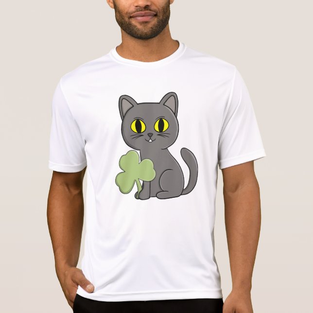 Camiseta Amuleto de Trevo de Três Folhas de Gato Cinza (Frente)