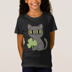 Camiseta Amuleto Trevo de Quatro Folhas de Gato Cinza