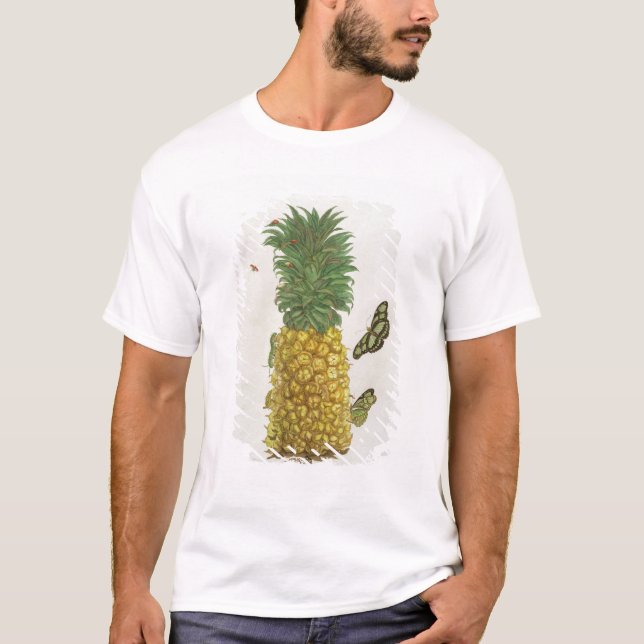 Camiseta Ananás com lagarta e borboletas (mão-c (Frente)