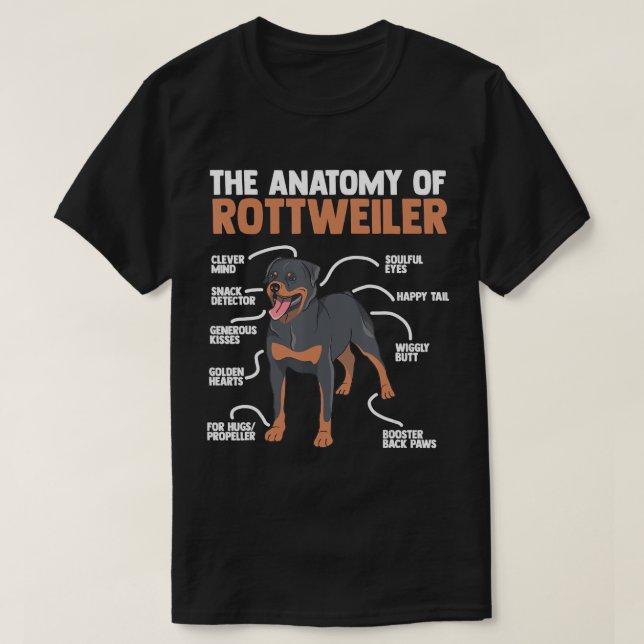 Camiseta Anatomia de um rottweiler para qualquer Rottweiler (Frente do Design)