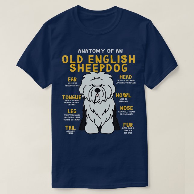 Camiseta Anatomia do cão-pastor inglês antigo Cachorro engr (Frente do Design)