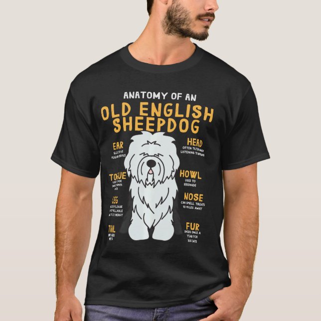 Camiseta Anatomia do cão-pastor inglês antigo Cachorro engr (Frente)