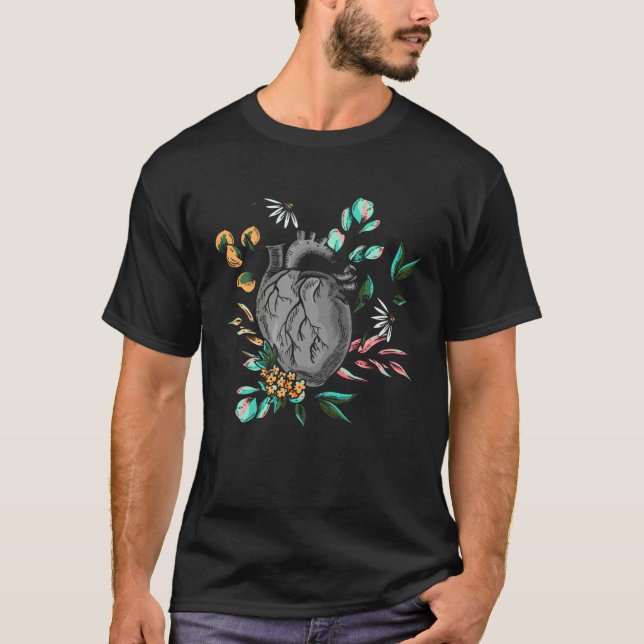 Camiseta Anatomical Heart And Flowers  Men Women Cardiologi (Frente)