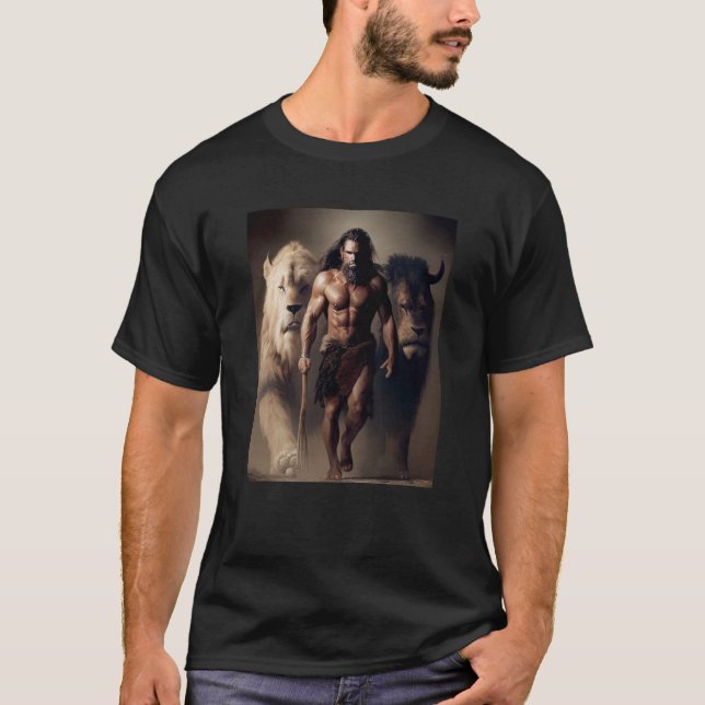 Camiseta Ancient Hunting Family Pack Man and Lions with the (Frente)