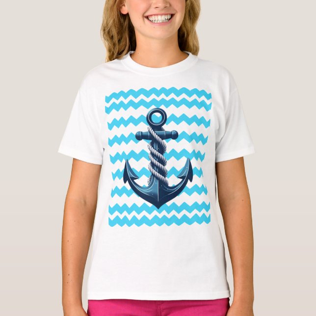 Camiseta Âncora azul com ondas azuis (Frente)
