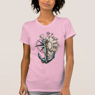Camiseta Âncora Bússola Relógio Antigo Desenho Tatuagem Náu