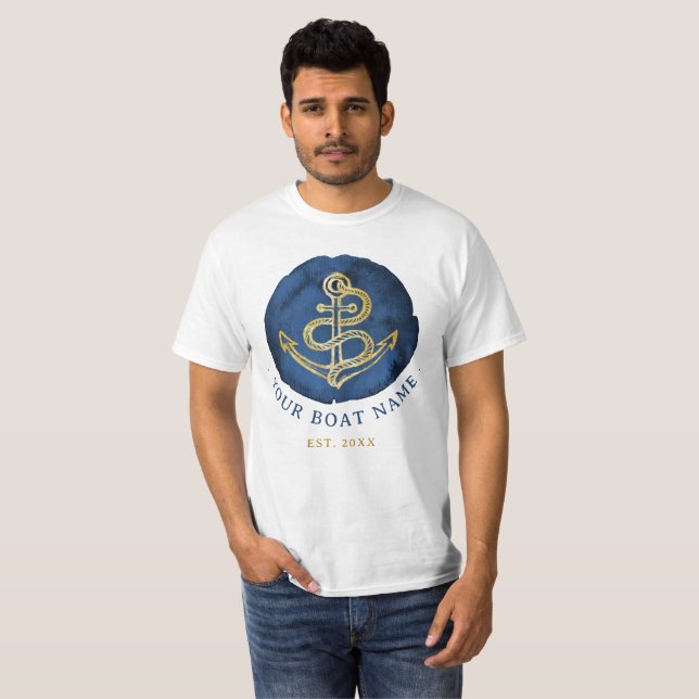 Camiseta Âncora de Aquarela Elegante Nome Náutico Marinho A (Frente Completa)