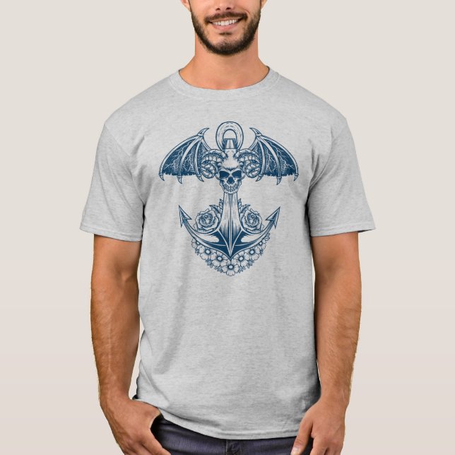 Camiseta Âncora náutica com crânio e flores (Frente)