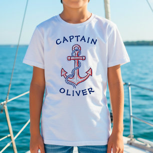 Camiseta Âncora Vermelha e Azul Fofa Desenhada à Mão