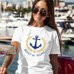 Camiseta Ancorar o nome do seu barco Dourado Laurel deixa b<br><div class="desc">Uma âncora de barco náutica,  folhas de ouro e uma estrela dourada com e seu nome personalizado ou nome de barco em uma camiseta branca feminina. Faz um presente de excelente.</div>