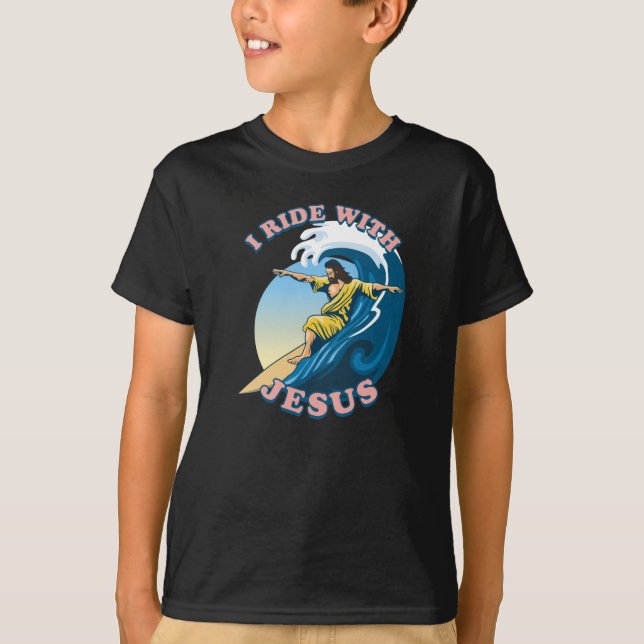Camiseta Andar com Jesus | Ilustração de Jesus surfando (Frente)