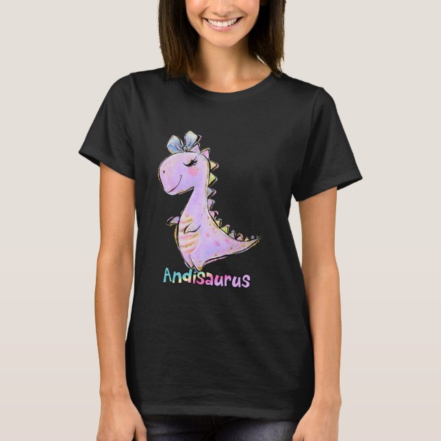 Camiseta Andi Nome Shirt Girl Dinosaur Birthday Andrea Andi (Frente)
