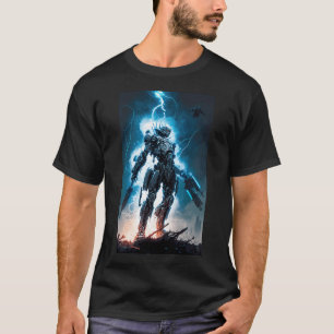 Camiseta androide cibernético combatendo o crime