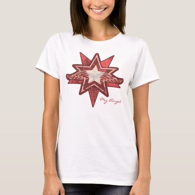 Camiseta Angel star adicione sua foto, senhoras vermelhas e (Frente)