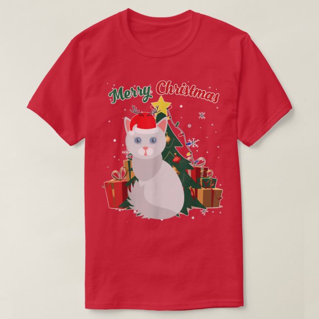 Camiseta Angora Cat Árvore de Natal Flocos de Neve Presente (Frente do Design)